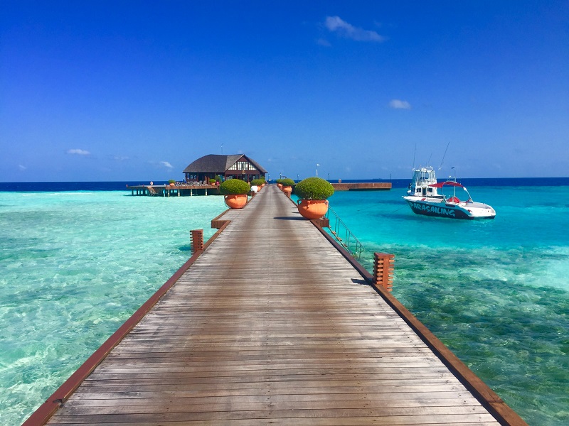 View of Maldives, a path to house in sea.