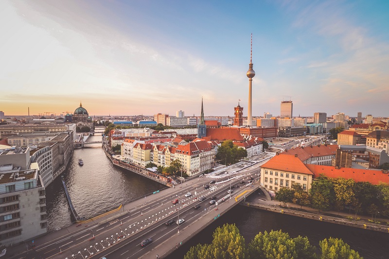 Road bridge in Berlin City above lake in the middle of city.