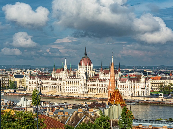 An aerial shot of Hungarian Parliament Building in Budapest, Hungary under a cloudy sky